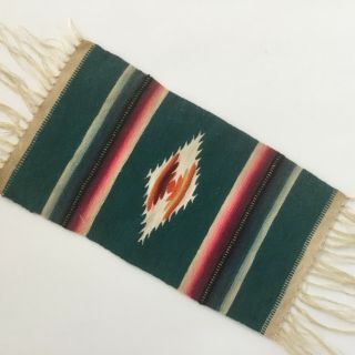 Vtg Mexican Saltillo Dresser Scarf Serape Finely Woven Wool 3” Fringe 13.  75x5.  5