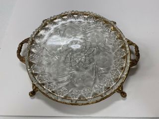 Vintage Cut And Pressed Glass Cake Plate With Removable Brass Stand