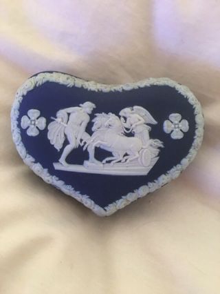 Vintage Wedgwood White On Blue Jasperware Lidded Heart Shaped Trinket Box.