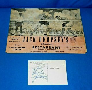 Vintage Jack Dempsey Vs Jess Willard Signed Autograph Postcard With Menu
