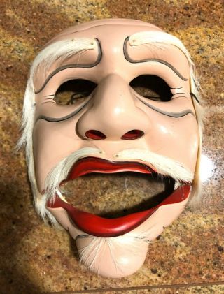 Vintage Bali Carved Wood Mask Hinged Jaw Hand Painted With Animal Hair