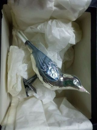 Vtg.  Clip On Glass Bird Blue & Silver Christmas Ornament Bloomingdale 