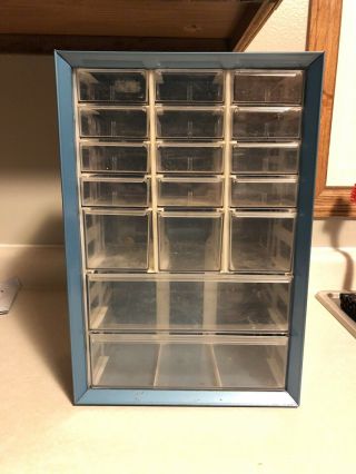 Vintage Akro - Mils Akron,  Oh Blue Metal 17 Drawer Parts Organizer Storage Cabinet