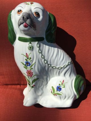 Vintage Hand Painted Portugal Staffordshire Dog Green & White 12 In Old Darling
