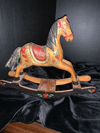 Vintage 9 " Swedish Hand Painted Wood Rocking Horse Red Saddle & Tail Tole Paint