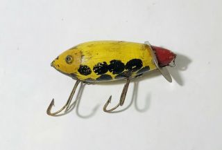 Antique Heddon Wood Glass Eyed Crab Wiggler Rare Yellow Blk Color Fishing Lure