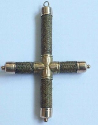 Antique Solid 14k Gold Christian Cross Pendant Hand Woven Human Hair Etched