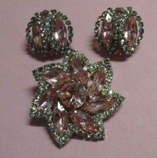 Vintage Signed Weiss Brooch And Earrings Set Clip On Pink / Clear Rhinestones
