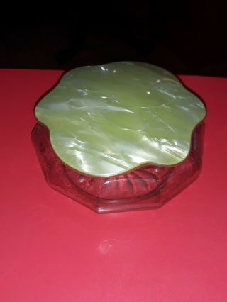 Vintage Art Deco Glass Powder Box Green Celluloid Bakelite