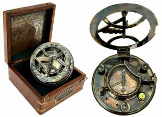Antique Marine Vintage Style Brass Compass 4 " Nautical Sundial With Wooden Box