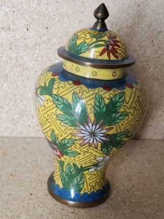 Vintage Chinese Cloisonne Brass Enamel Lidded Ginger Jar Urn Vase 5.  5  T