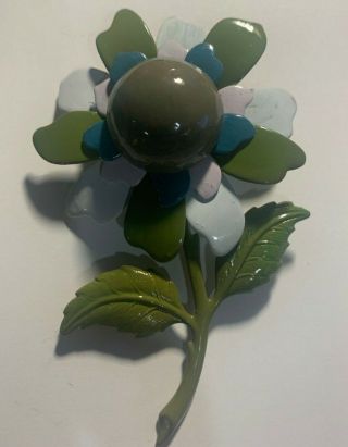 Wow Vintage Enamel Flower Pin / Brooch Green And White Fantastic