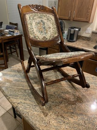 Orig.  Vintage Antique Victorian Tapestry Carved Wood Folding Rocker Rocking Chair