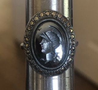 Vtg Sterling Silver Hematite Intaglio Roman Soldier Cameo Ring Size 5.  25,  4.  5 Gm