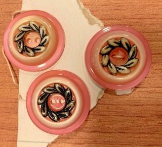 Set Of 3 Vintage Shined Celluloid Or Casein Buttons Laurel Wreath