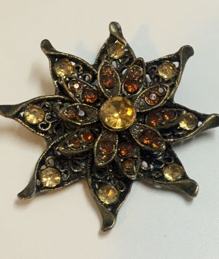 Vtg Brown & Yellow Amber Color Glass Rhinestone Figural Flower Brooch