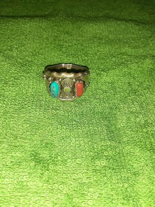 Vintage Juan Chief Yellowhorse Large Turquoise & Coral Sterling Ring 12 Jcy