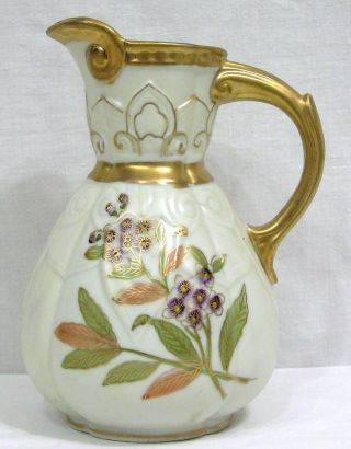 Vtg Porcelain Art Pottery Pitcher Hand Painted Purple Flwrs Gold Trim 1890
