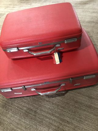 Two Vintage Red American Tourister Tiara Suitcases 60s 70s - 22 " 28 " Cond
