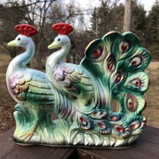 Vintage Double Peacock 8 " Ceramic High Gloss Iridescent Gold Gilt Made In Japan