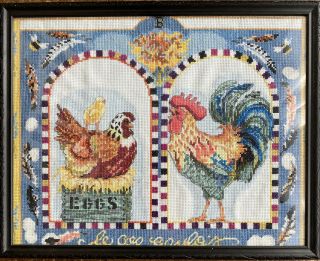 Large Vintage Cross Stitch Wall Art Farmhouse Rooster And Hen Framed