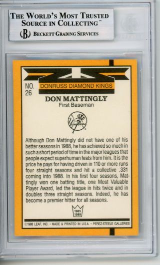 Don Mattingly 1989 Donruss Diamond King 26 Signed Autographed Card Beckett BAS 2