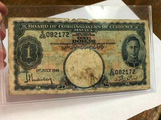 1941 British Malaya Straits Settlements $1 One Dollar Kgvi Vintage Banknote