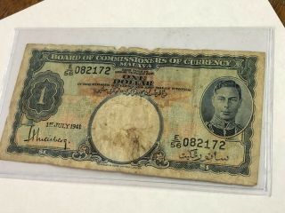 1941 British Malaya Straits Settlements $1 One Dollar KGVI vintage banknote 3