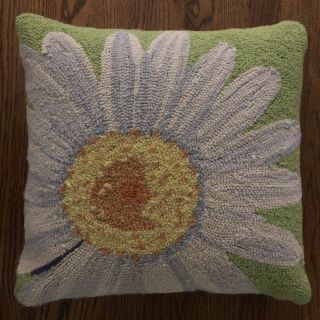 Vintage Daisy Flower Floral Hooked Rug Sunny Throw Pillow 18” Square