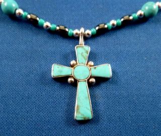 Vtg Navajo Sterling Silver Turquoise Inlay Cross Pendant,  18.  5 " Beaded Necklace