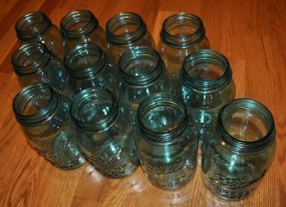 Twelve 12 Vintage Blue Green Ball Perfect Mason Quart Fruit Canning Jars