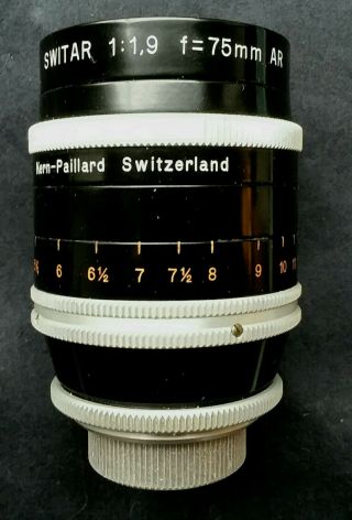 Kern Paillard Switar 75mm F 1.  9 Ar Bolex Cameras - C Mount 757867 W/case