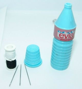 Vintage Evian Bottle Travel Mini Sewing Kit Ad Thimble Needle Thread