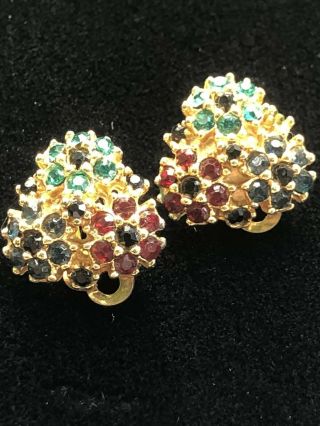 Ruby Red Emerald Green Sapphire Blue Rhinestone Designer Vintage Earrings