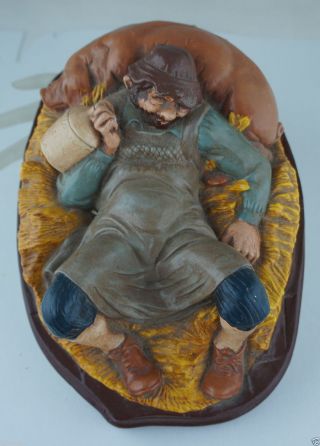 Vintage Chalkware Drunk Farmer Man & Pig Sleeping Figurine Statue