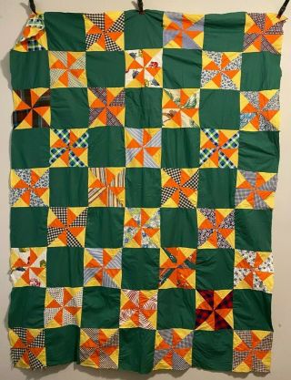 Vintage Quilt Top Hand Stitched Whirlwind Pinwheel Piecework 66 " X 88 "