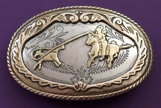 Vtg Nickel Silver & Brass Calf Roping Western Cowboy Belt Buckle - - Rodeo,  Horse