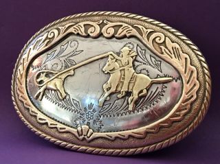 VTG Nickel Silver & Brass CALF ROPING Western Cowboy BELT BUCKLE - - Rodeo,  Horse 2