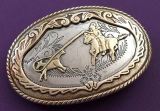 VTG Nickel Silver & Brass CALF ROPING Western Cowboy BELT BUCKLE - - Rodeo,  Horse 3