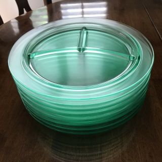 Vintage Green Depression Glass Divided Dinner Plates 10 1/2” Set Of 8