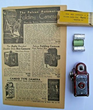 " Coronet " Midget Camera / Box Of (3) Miniature Films / 1940 