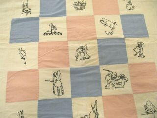 Vtg Baby Crib Quilt 48 X 48 Hand Embroidered Nursery Rhymes 1930 - 50 Coverlet