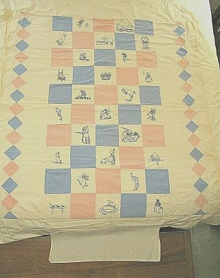 Vtg Baby Crib QUILT 48 x 48 Hand Embroidered Nursery Rhymes 1930 - 50 Coverlet 2