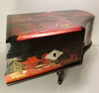 Vintage Black Lacquer With Inlays Music Box Jewelry Box Ballerina Japan 1971