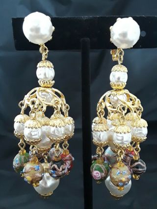 Vintage Wedding Cake Venetian Glass Bead Pearl Chandelier Earrings