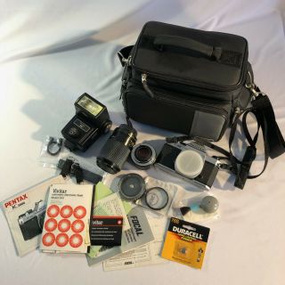 Pentax K1000 35mm Slr Film Camera,  2 Lens,  Filters,  Flash,  Case,