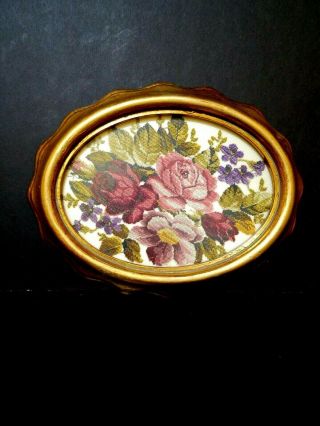 Vintage Petit Point Needlepoint Floral Picture Oval In Gold Wood Frame