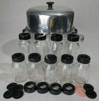 Vintage Evenflo Usa 4 Oz & 8 Oz Glass Baby Bottles W/ Rings Caps & Sterilizer