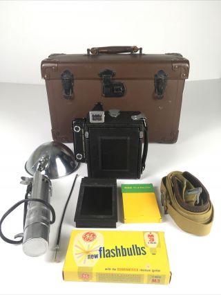 Vintage Graflex Film Camera With Flash; Accessories,  Case,  Strap,  Film,  Bulbs