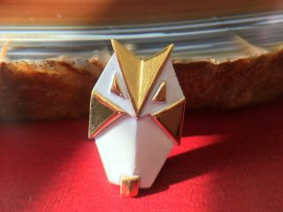 Vintage Crown Trifari Origami Owl Brooch White & Gold Enamel Modernist Pin